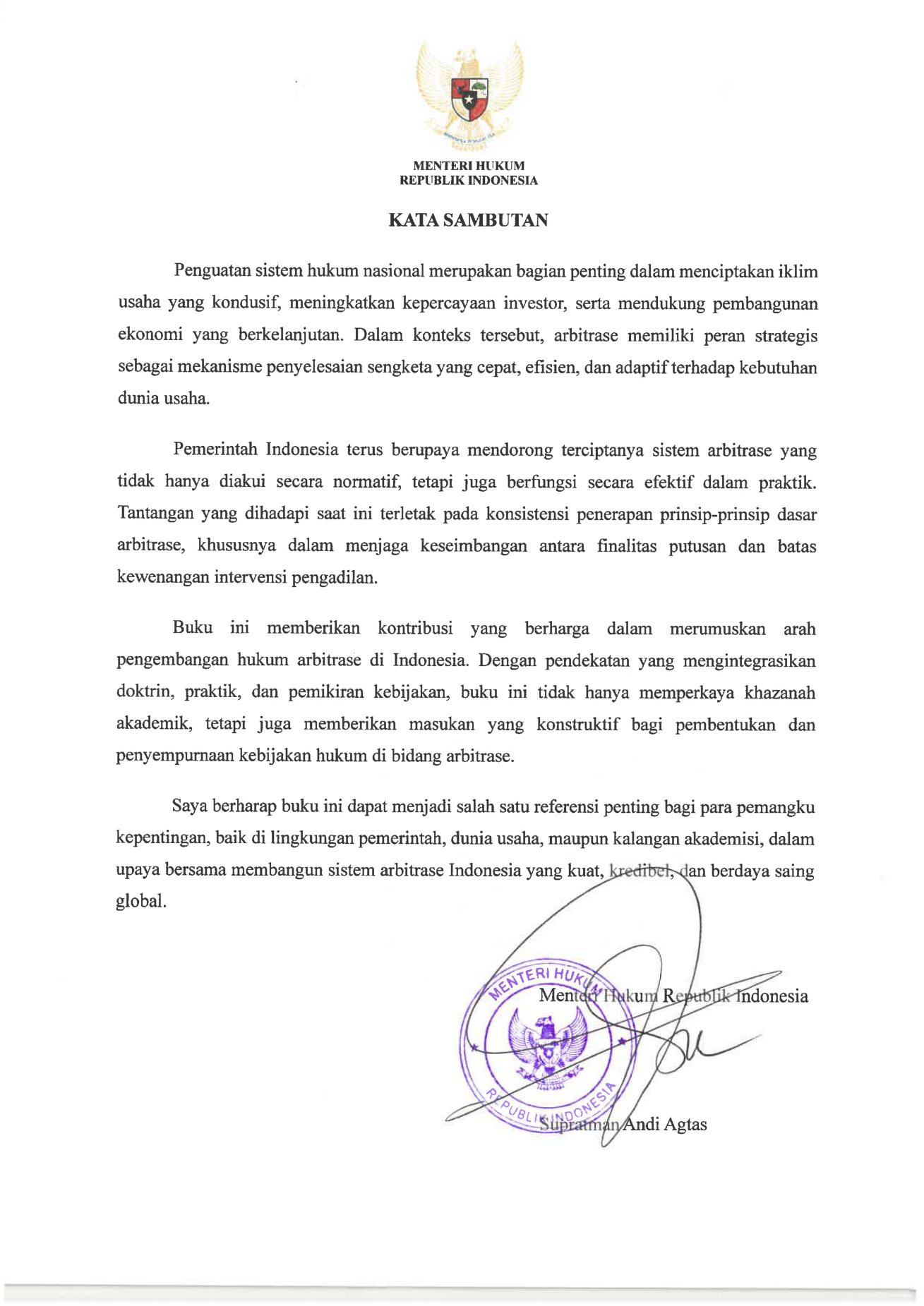 Halaman asli Kata Sambutan Menteri Hukum Republik Indonesia, Supratman Andi Agtas